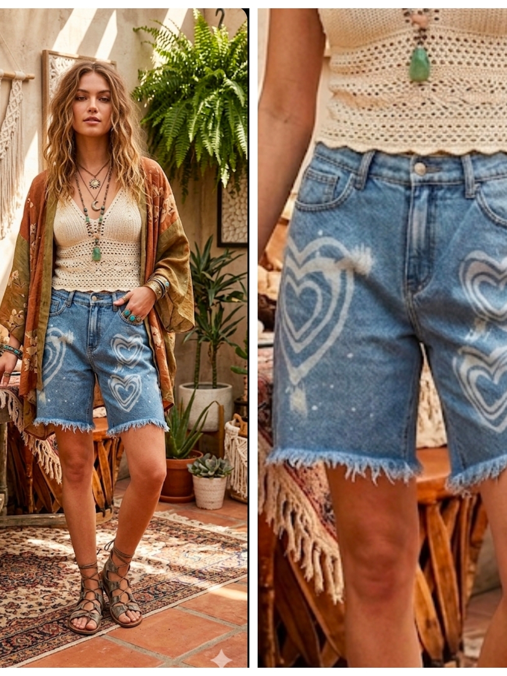 Boho Heart Print Denim Shorts - Blue